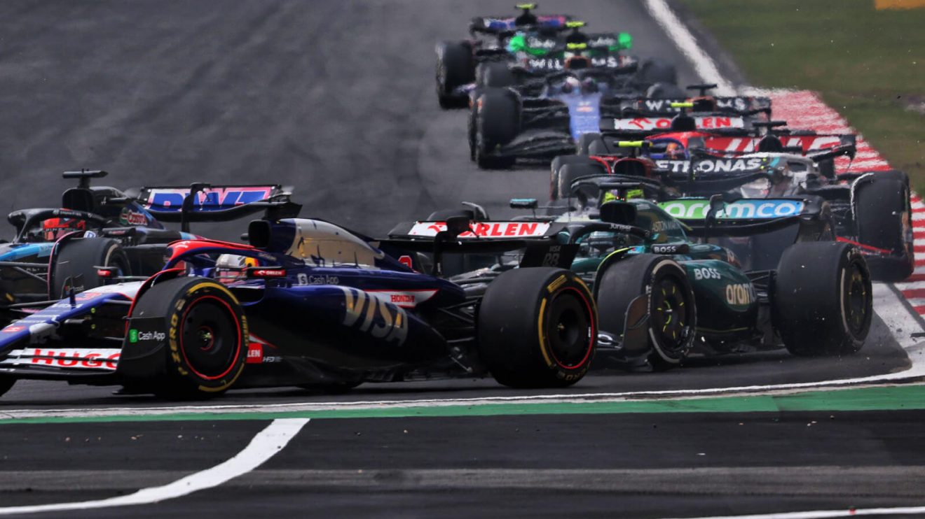 Daniel Ricciardo is rear-ended by Lance Stroll