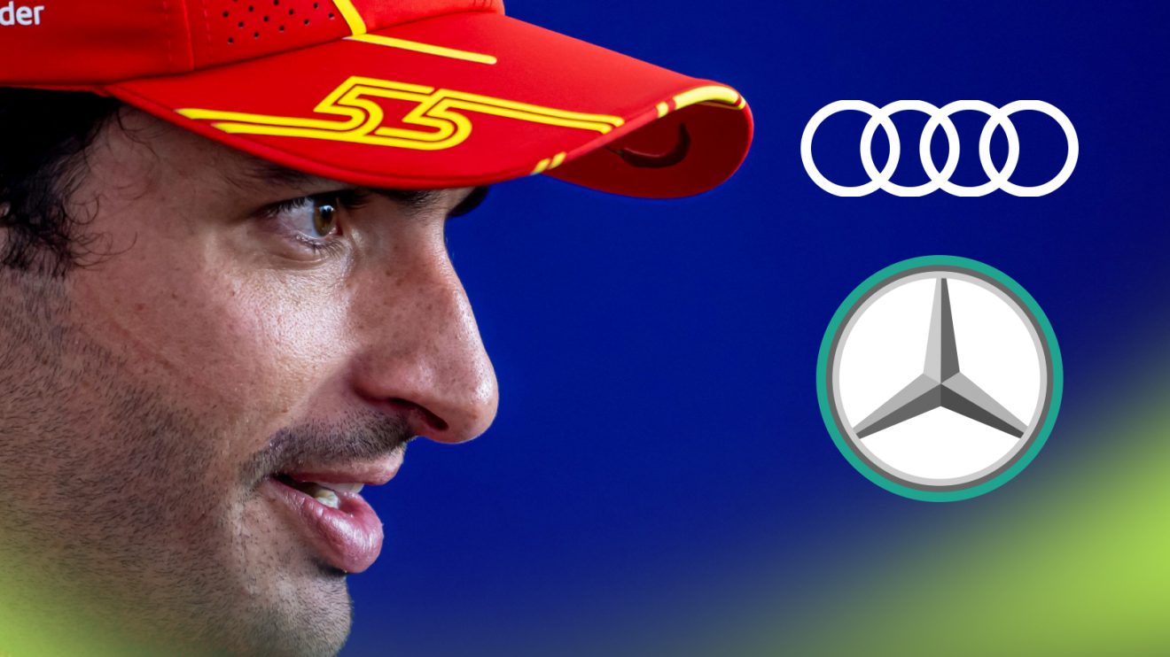 A side-profile shot of Carlos Sainz with prominent Audi and Mercedes logos alongside him