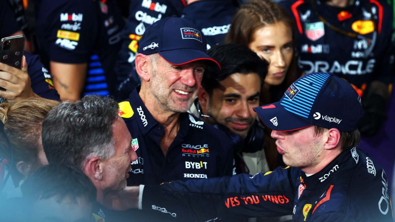 Adrian Newey celebrates with Max Verstappen in Jeddah.
