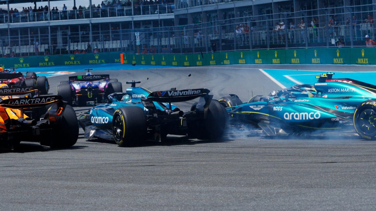 Lando Norris, Lance Stroll and Fernando Alonso in a Turn 1 crash with Lewis Hamilton