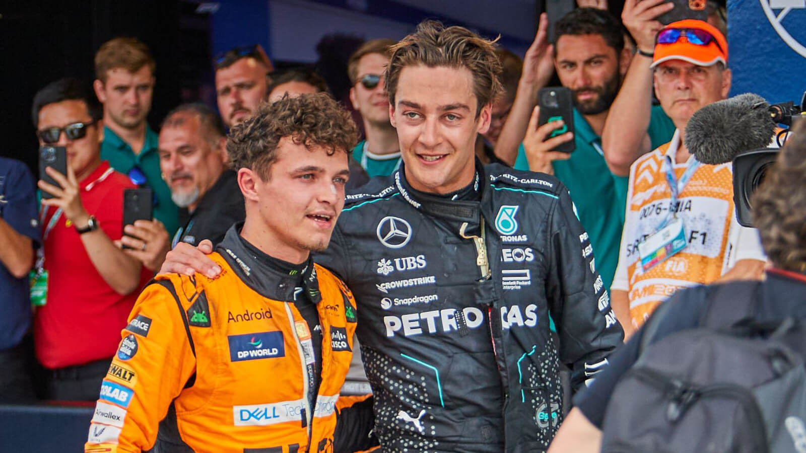 Mercedes driver George Russell congratulates Lando Norris on his Miami GP win