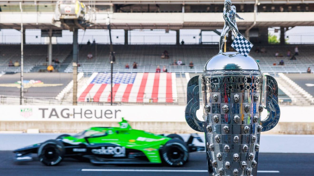 Indy 500 Borg Warner trophy on display at the 2024 staging.