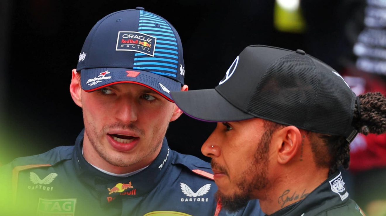 Max Verstappen and Lewis Hamilton in conversation at the F1 Chinese Grand Prix.