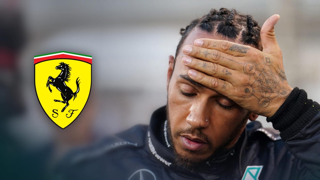 Lewis Hamilton, hand to his head, next to a Ferrari badge.
