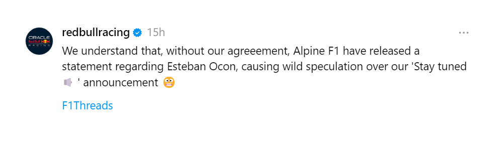 Red Bull's Ocon message on Threads