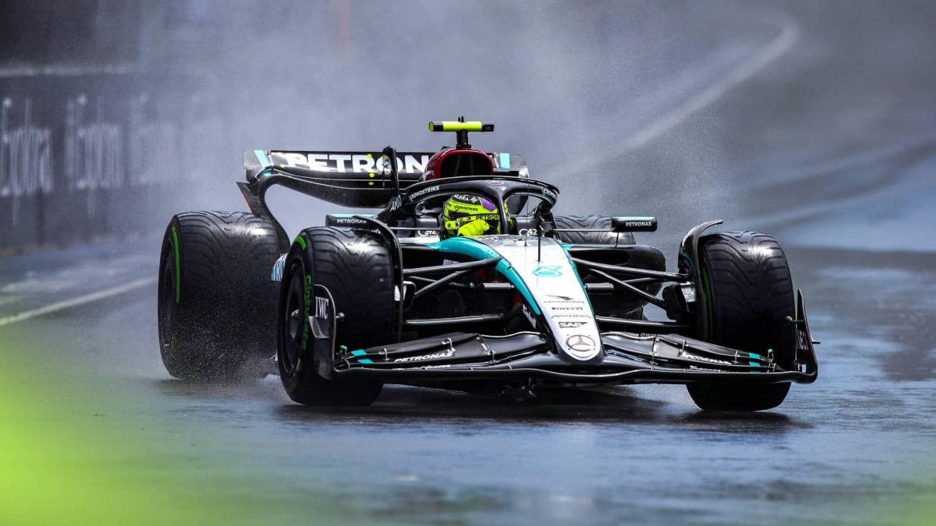 Lewis Hamilton on track in wet conditions in Canada