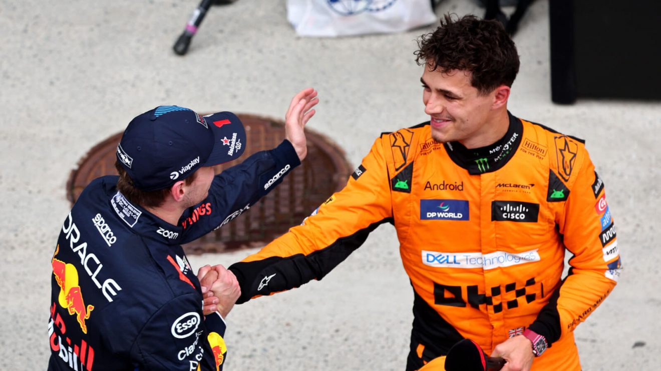 Max Verstappen and Lando Norris celebrate after Canada
