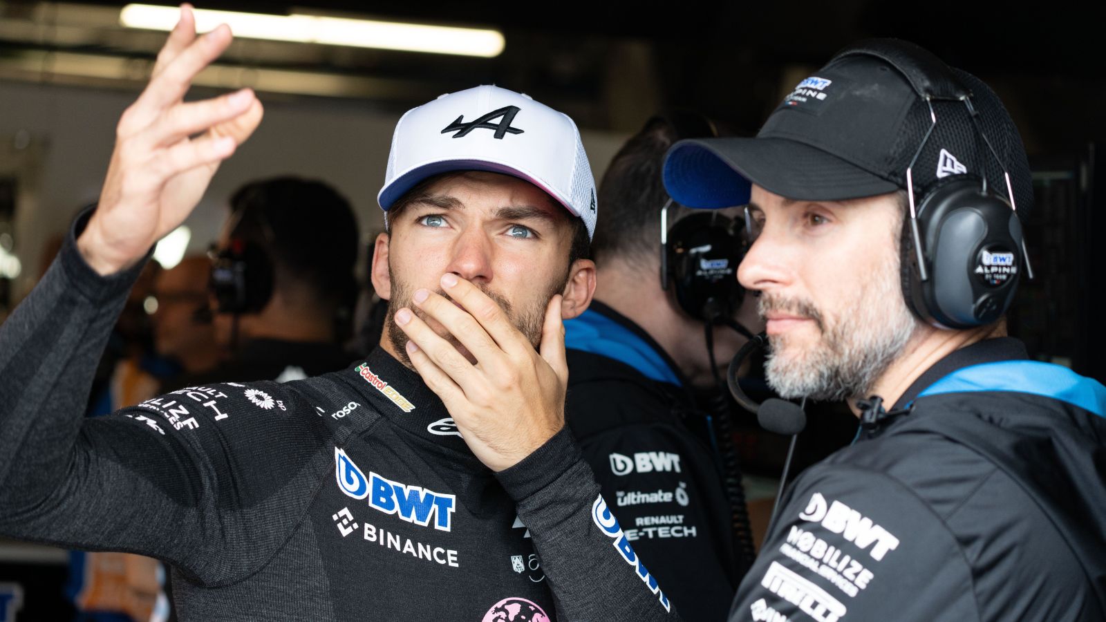 Pierre Gasly talking in the Alpine garage at the 2024 Canadian Grand Prix.