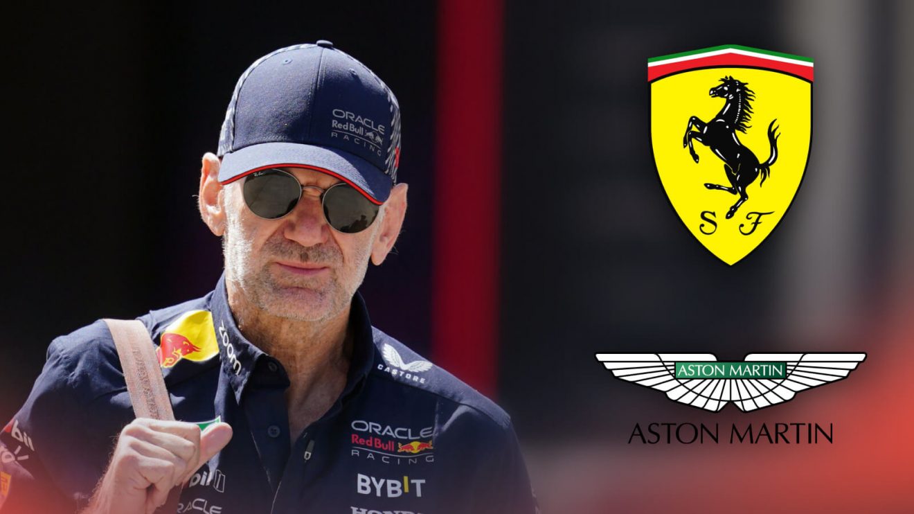 Adrian Newey alongside the badges of Ferrari and Aston Martin.
