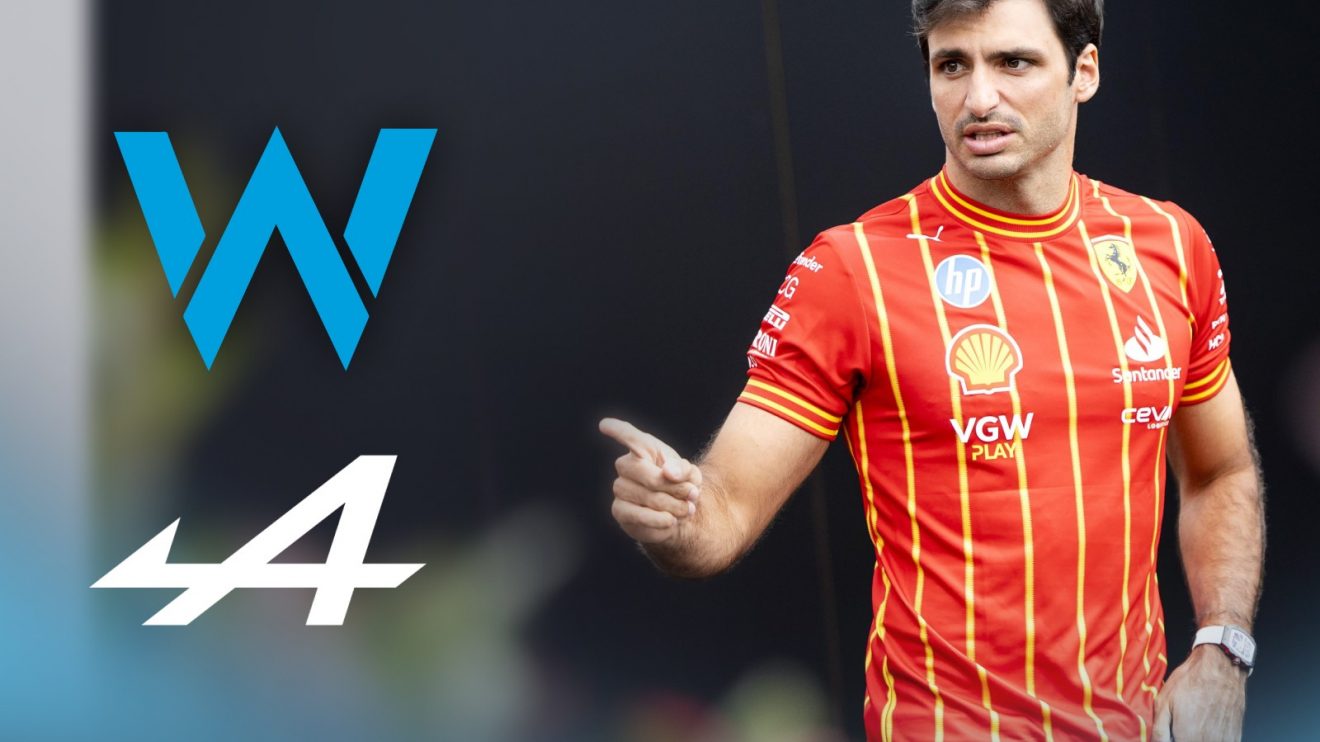 Carlos Sainz points at the Williams and Alpine logos as he contemplates F1 2025 future