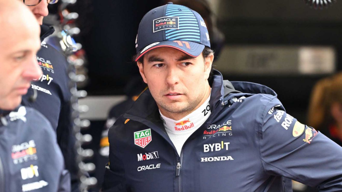 Sergio Perez in the Red Bull garage.