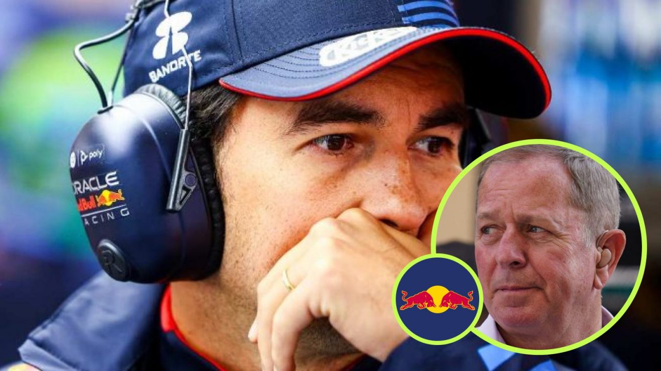 A Sergio Perez image with the Red Bull badge and Martin Brundle in a circle.