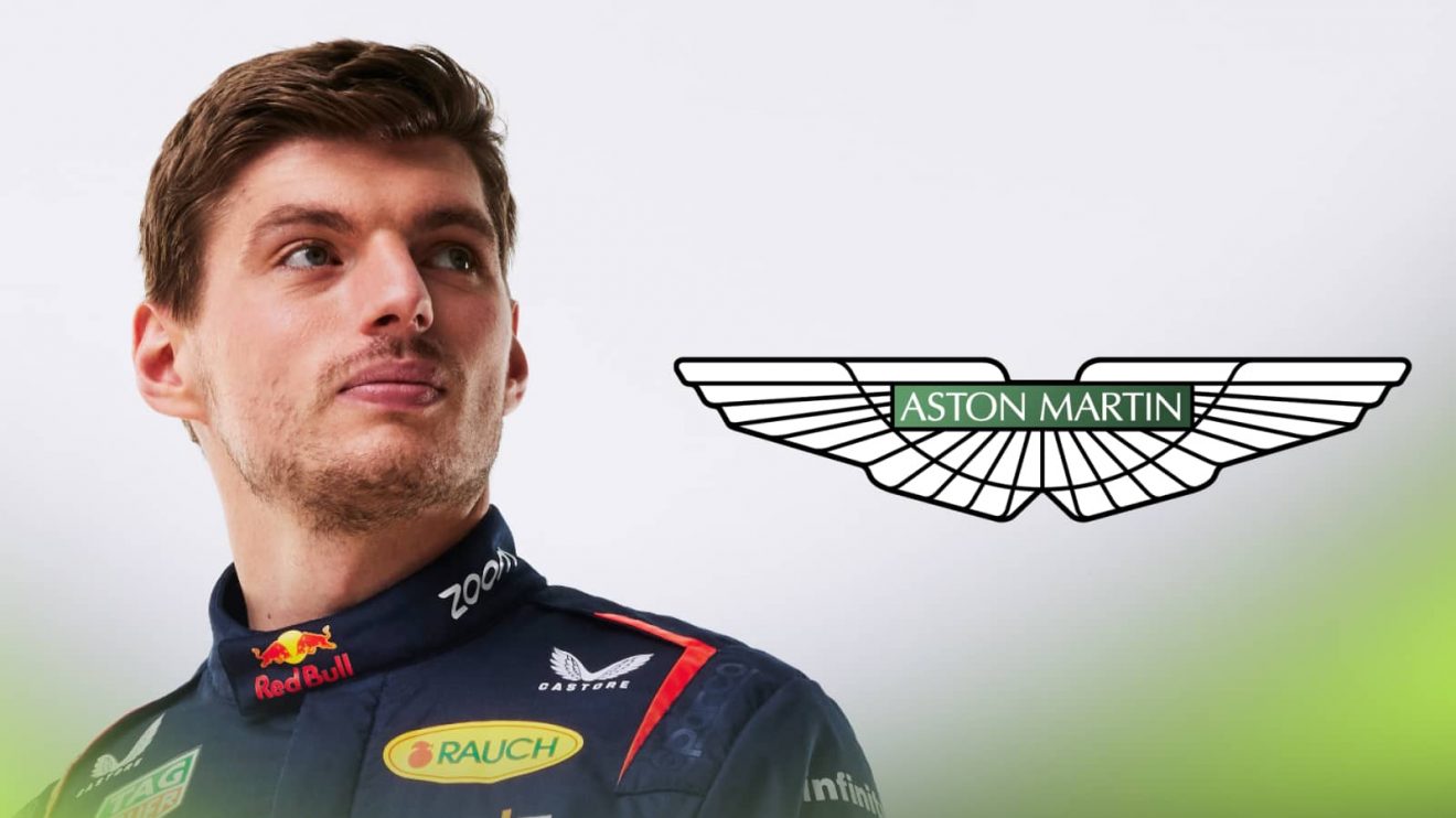 A studio shot of Max Verstappen looking over his left shoulder where an Aston Martin logo sits alongside him