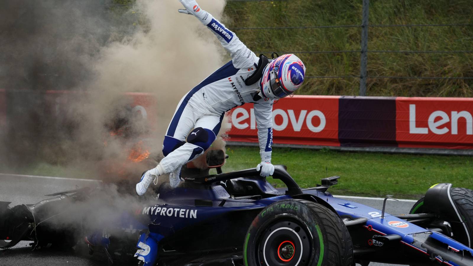 Logan Sargeant escapes fiery Williams wreckage after crashing in FP3 at the 2024 Dutch Grand Prix.