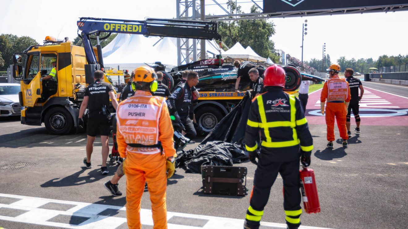 Kimi Antonelli's crashed Mercedes on a flatbed truck