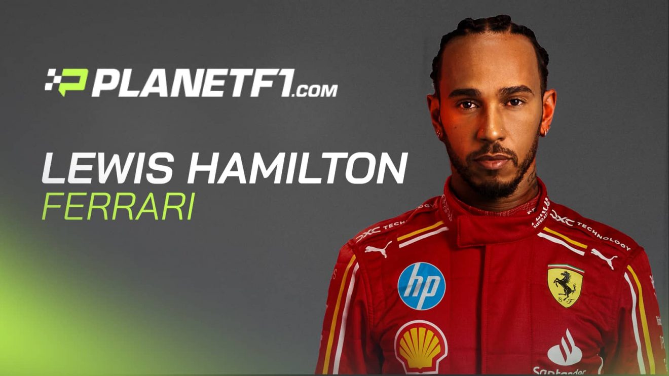 A mock-up image of Lewis Hamilton in an F1 2024 Ferrari race suit against a grey background with a large PlanetF1.com logo