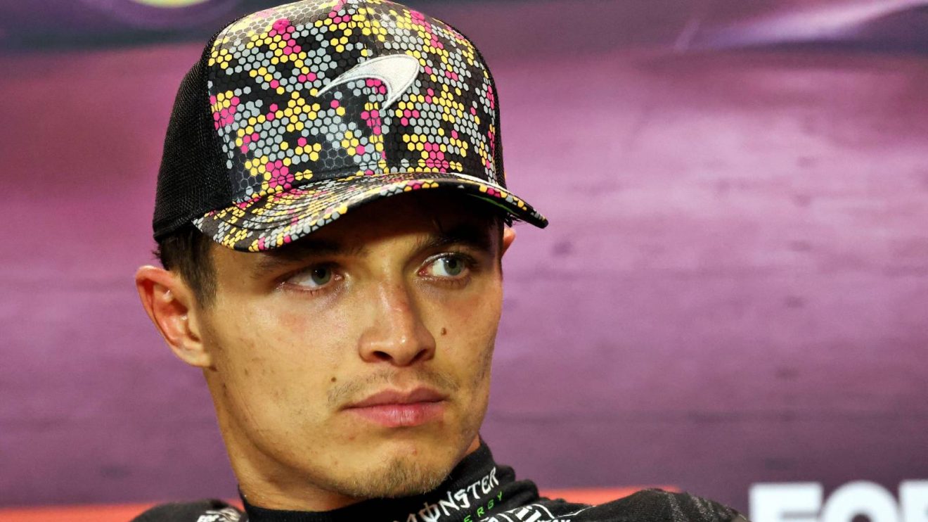 McLaren driver Lando Norris looking serious in the 2024 Singapore GP post-race press conference.