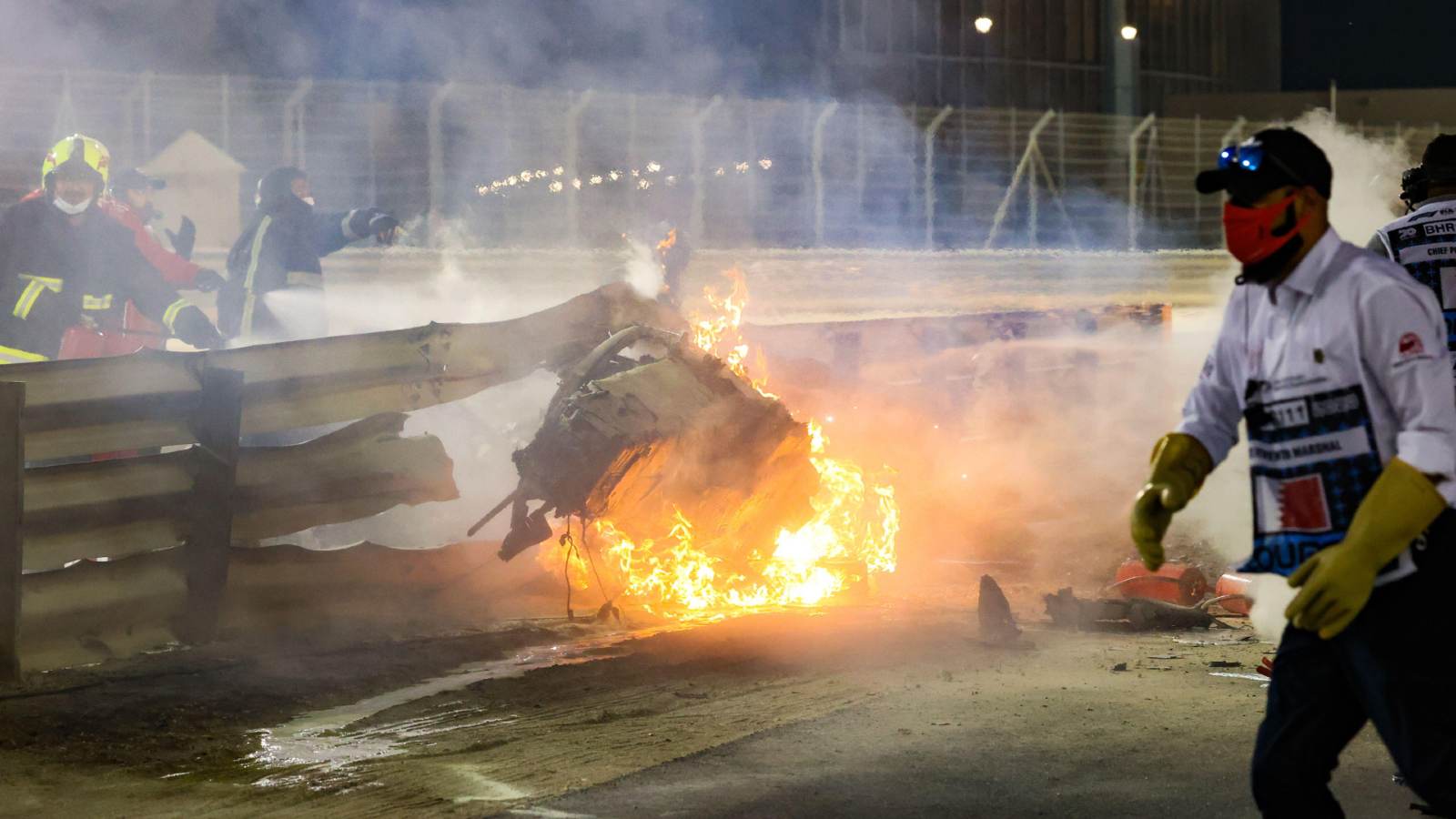 The remains of Romain Grosjean's crashed Haas after going through the barriers at the 2020 Bahrain Grand Prix.