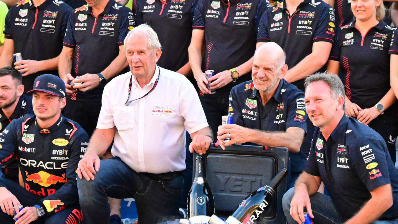 Max Verstappen, Helmut Marko, Adrian Newey and Christian Horner celebrate