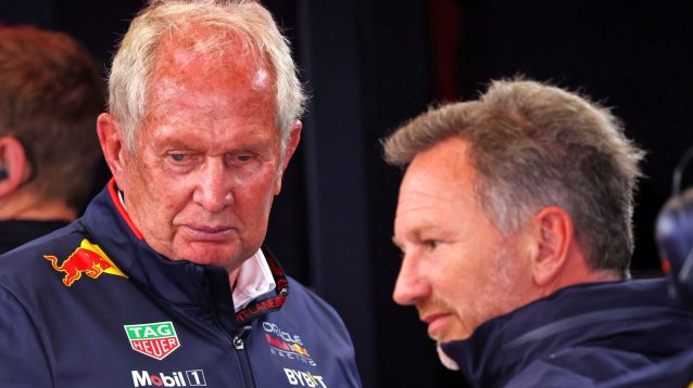 Red Bull's Helmut Marko and Christian Horner in the garage at the 2024 Dutch Grand Prix
