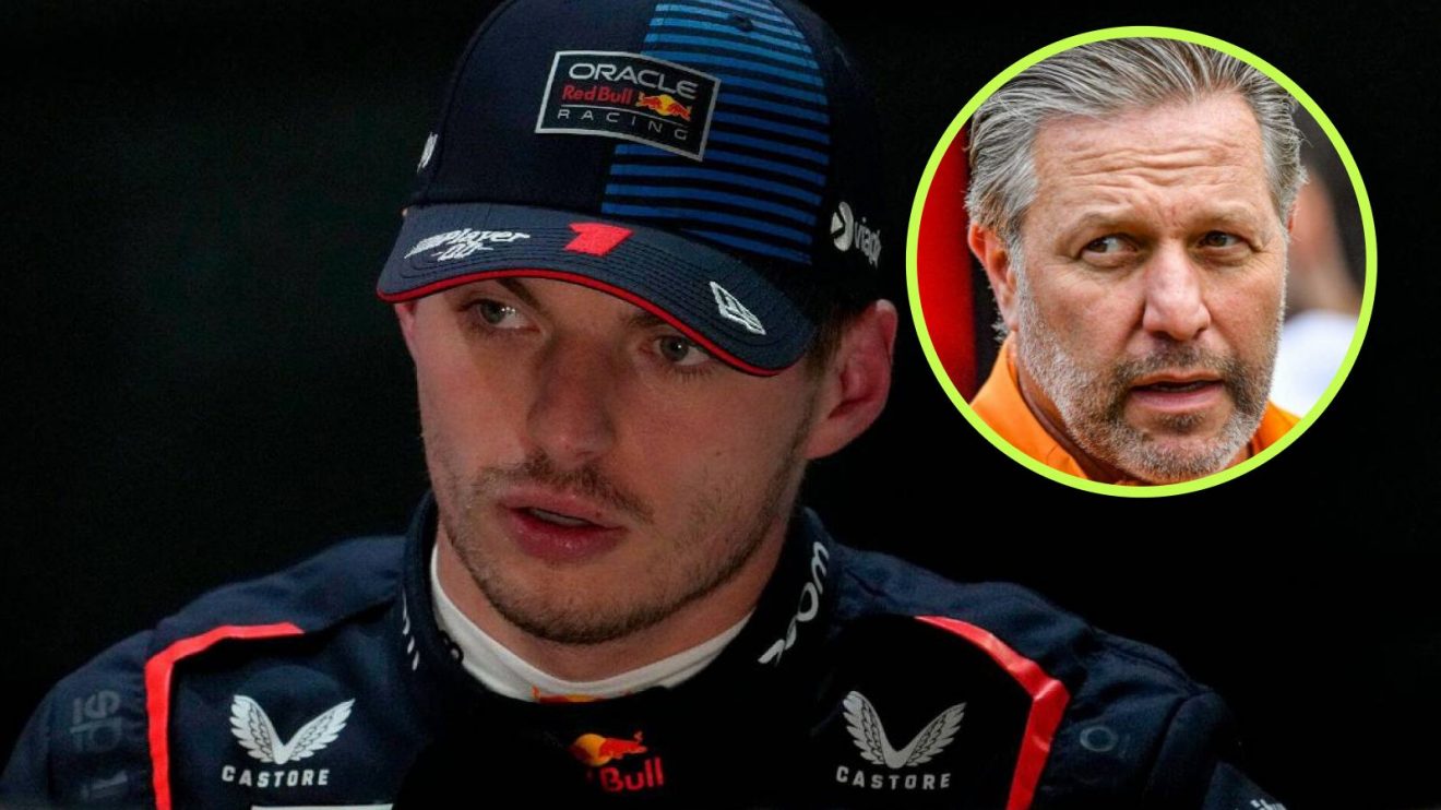 Red Bull driver Max Verstappen with McLaren Racing CEO Zak Brown in a circle top right