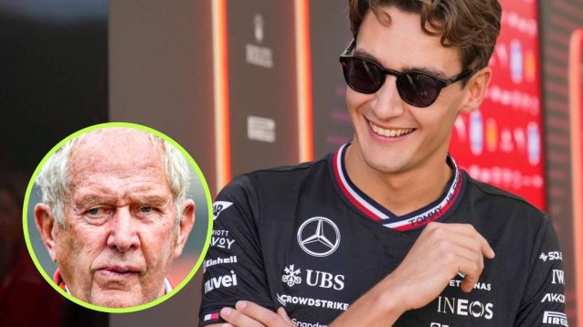 George Russell smiling and Helmut Marko in a circle bottom left