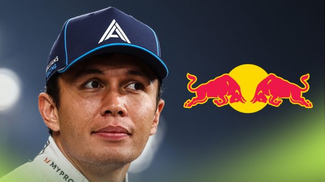 Alex Albon with the Red Bull logo