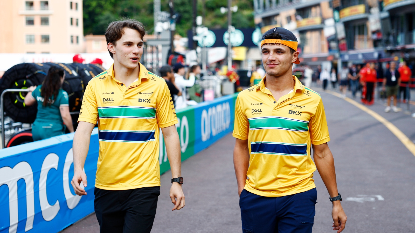 Oscar Piastri, McLaren F1 Team, and Lando Norris, McLaren F1 Team, in the pit lane