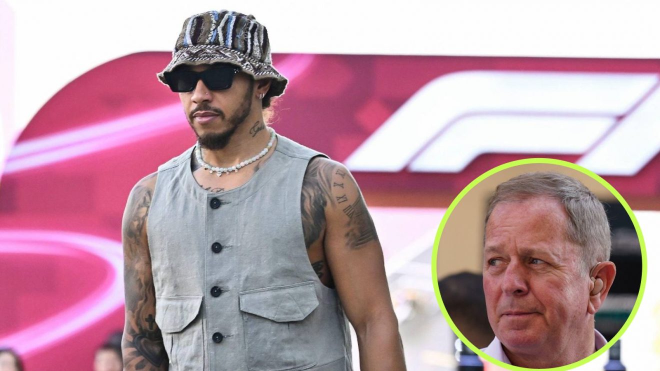 Lewis Hamilton in the F1 paddock and Martin Brundle in a circle bottom right