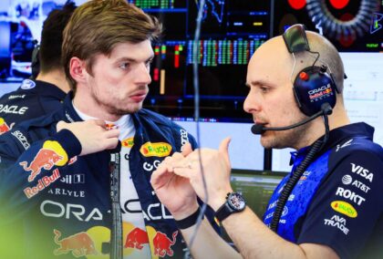 GianPiero Lambiase and Max Verstappen talk in the garage during Bahrain testing.