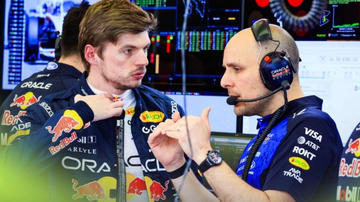 GianPiero Lambiase and Max Verstappen talk in the garage during Bahrain testing.