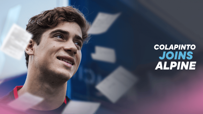 Franco Colapinto smiling with contracts falling around him and a banner reading: 'Colapinto joins Alpine'