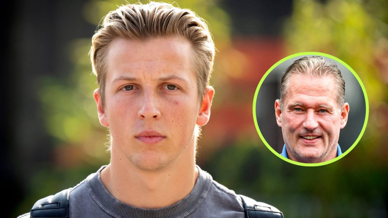 Former Red Bull driver Liam Lawson looks into the camera, with Jos Verstappen in a circle on the right