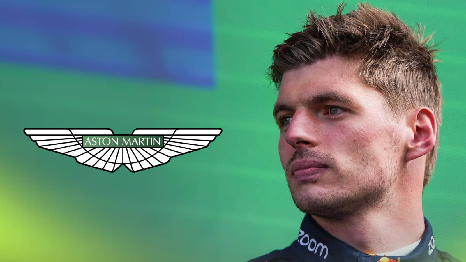 Max Verstappen turning his head on the podium where an Aston Martin logo sits alongside him