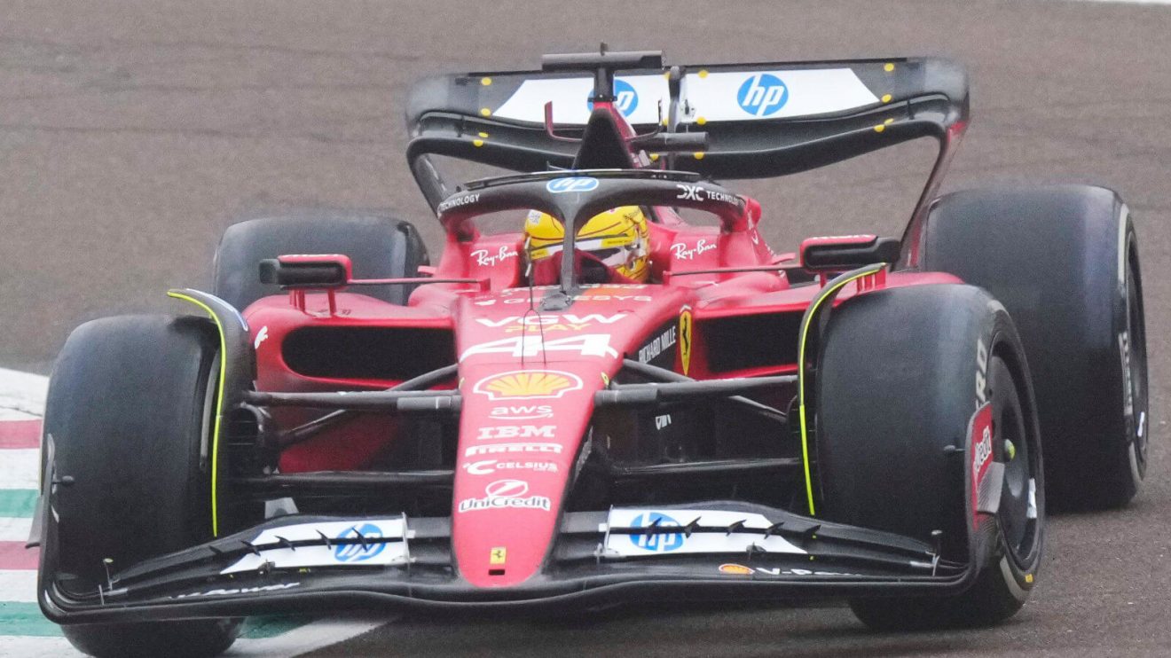 Lewis Hamilton drives the Ferrari SF-23 at the Fiorano circuit
