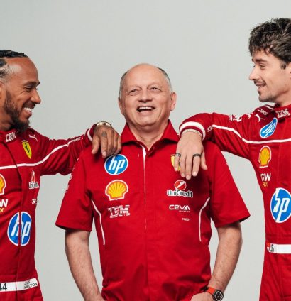 Lewis Hamilton, Fred Vasseur, Charles Leclerc smile as they pose in a playful image for Ferrari