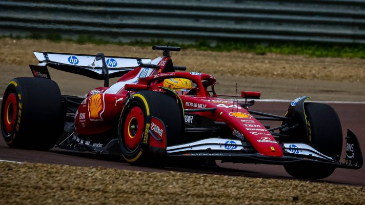 Lewis Hamilton driving the Ferrari SF-25 as it makes its debut at Fiorano