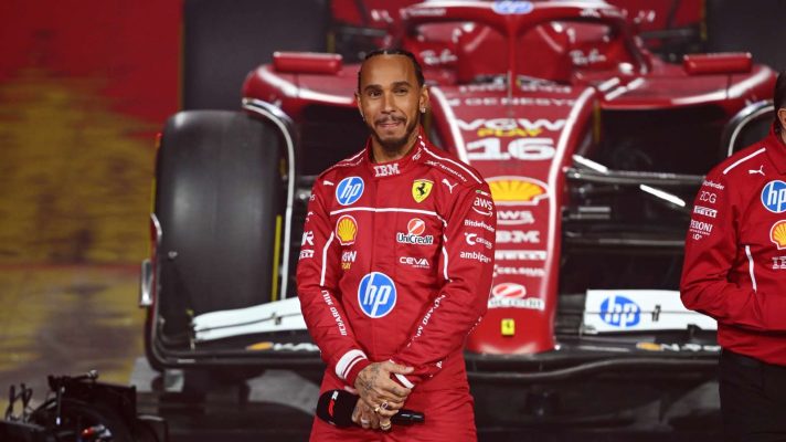 Lewis Hamilton at the unveiling of the Ferrari SF-25.