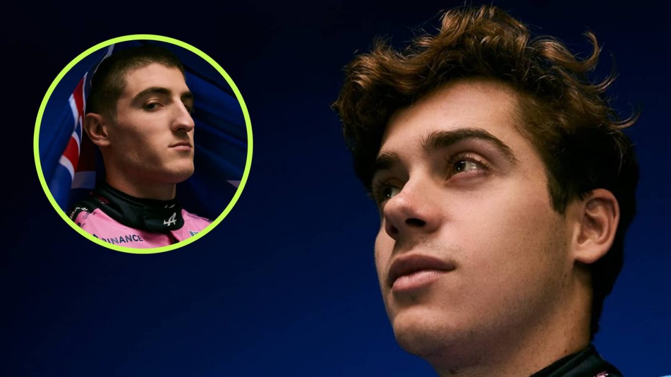 A close-up shot of Franco Colapinto with an inset of Jack Doohan