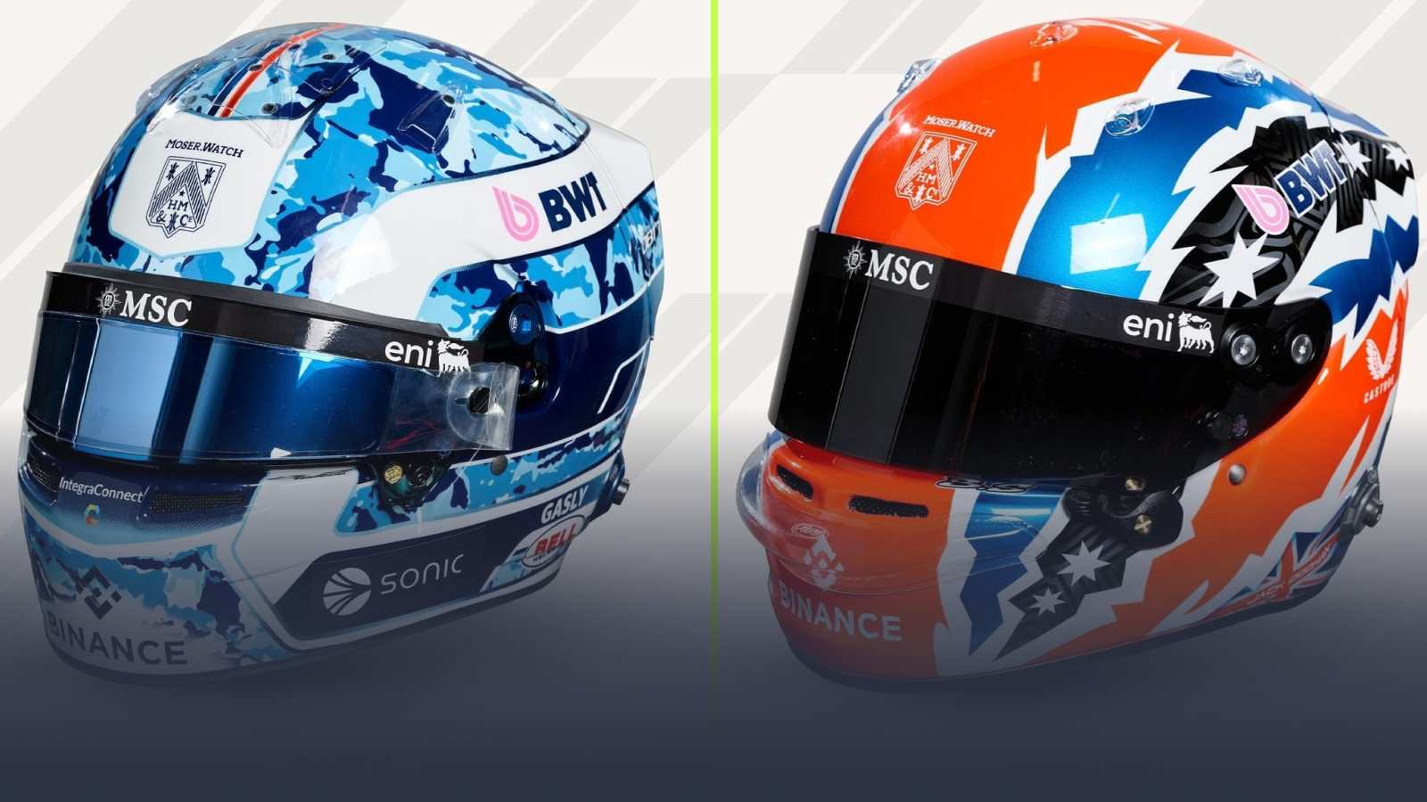 The F1 2025 helmets of Pierre Gasly and Jack Doohan.
