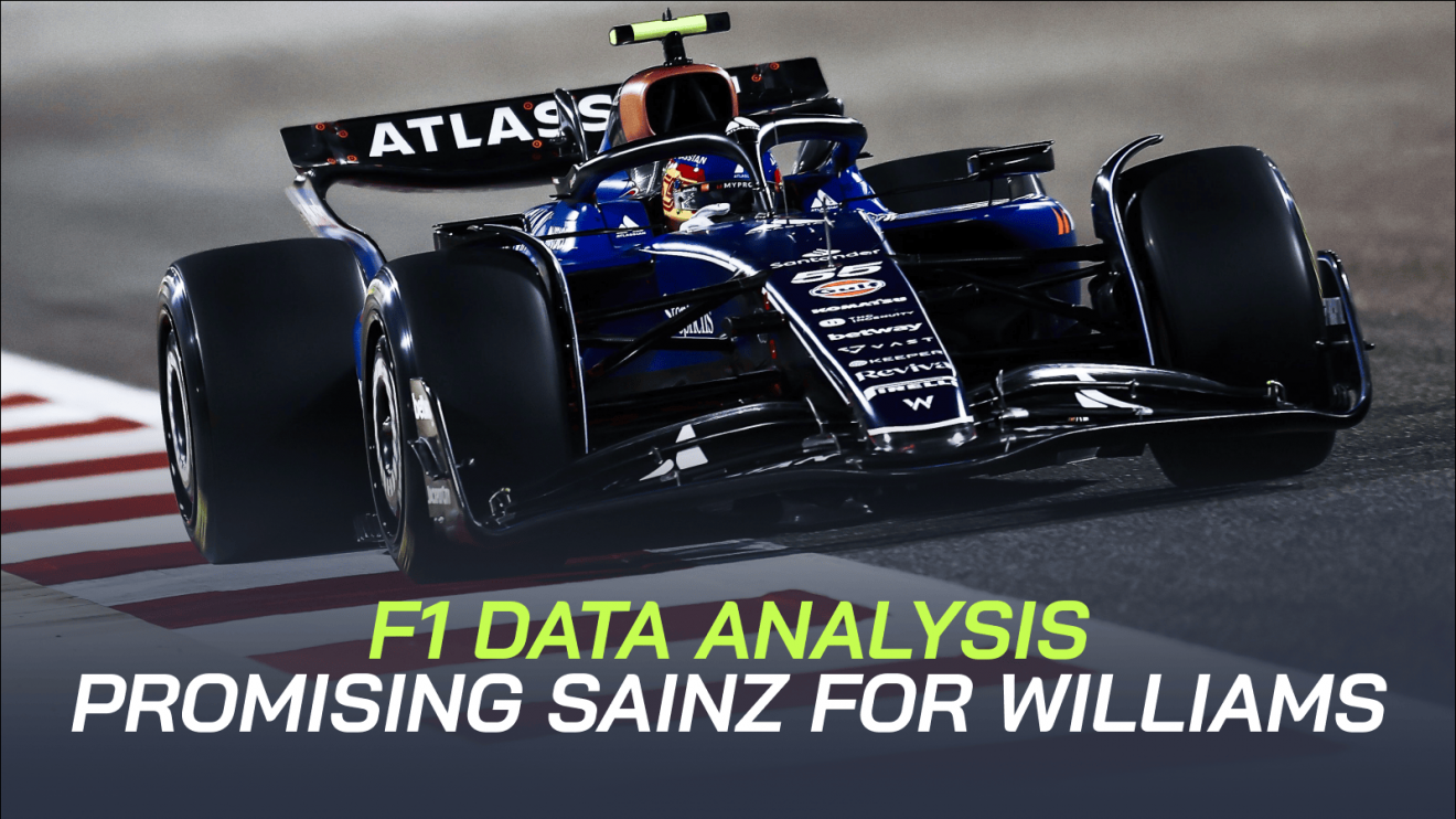 Carlos Sainz on track in Bahrain testing with a banner reading: 'Promising Sainz for Williams'