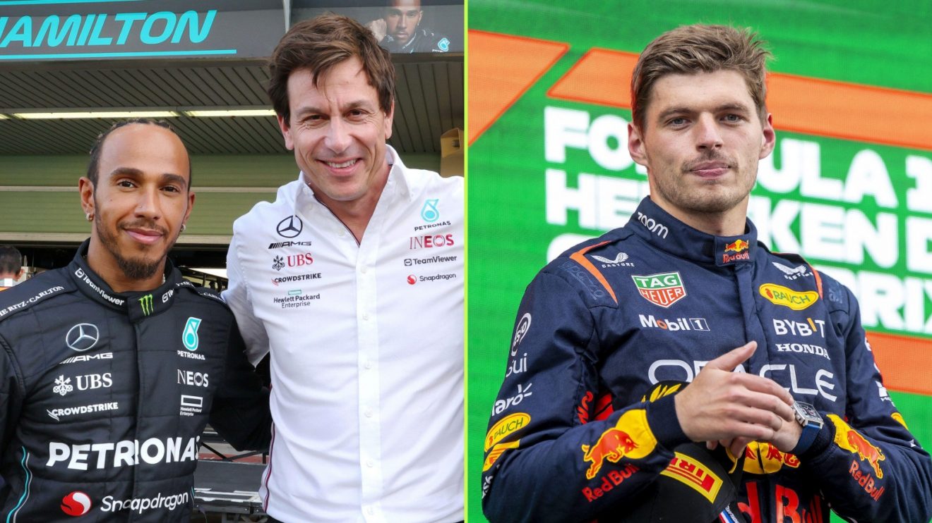 Toto Wolff and Lewis Hamilton alongside Max Verstappen