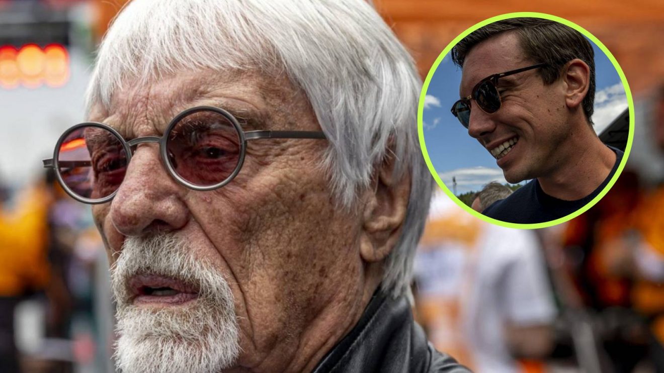 Bernie Ecclestone at the 2024 Brazilian Grand Prix, with Red Bull co-owner Mark Mateschitz smiling in a circle top right