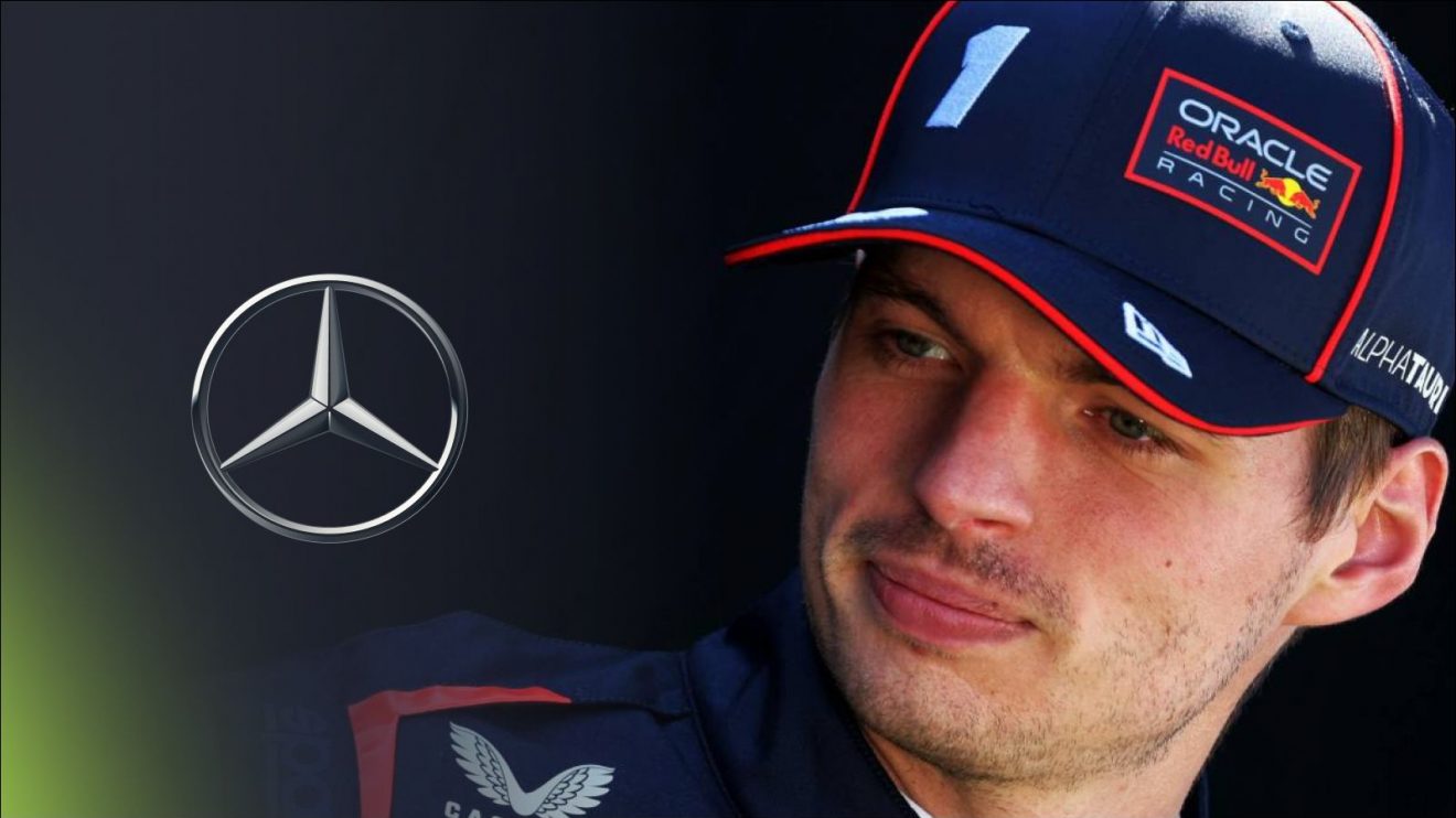 Red Bull's Max Verstappen looking to his left where a Mercedes badge is placed