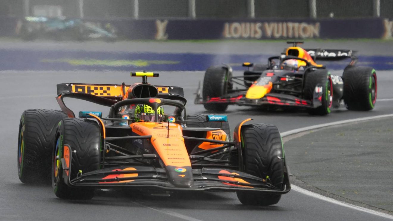 McLaren's Lando Norris battling with Red Bull's Max Verstappen at the 2025 Australian Grand Prix.
