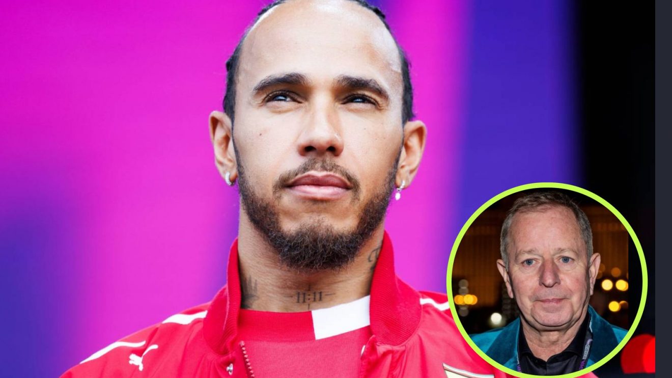 Ferrari's Lewis Hamilton looks up, with Martin Brundle in a circle bottom right