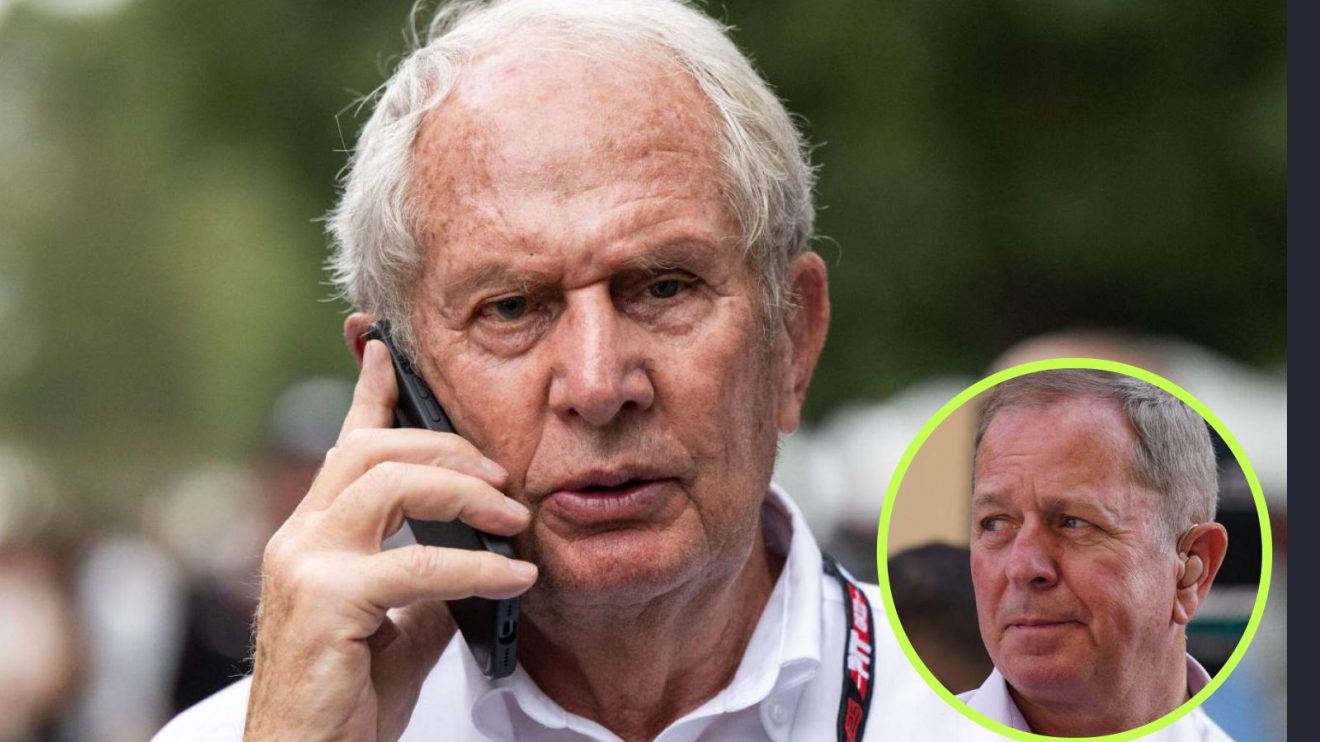 Red Bull senior advisor Helmut Marko on the phone, and Martin Brundle in a circle bottom right