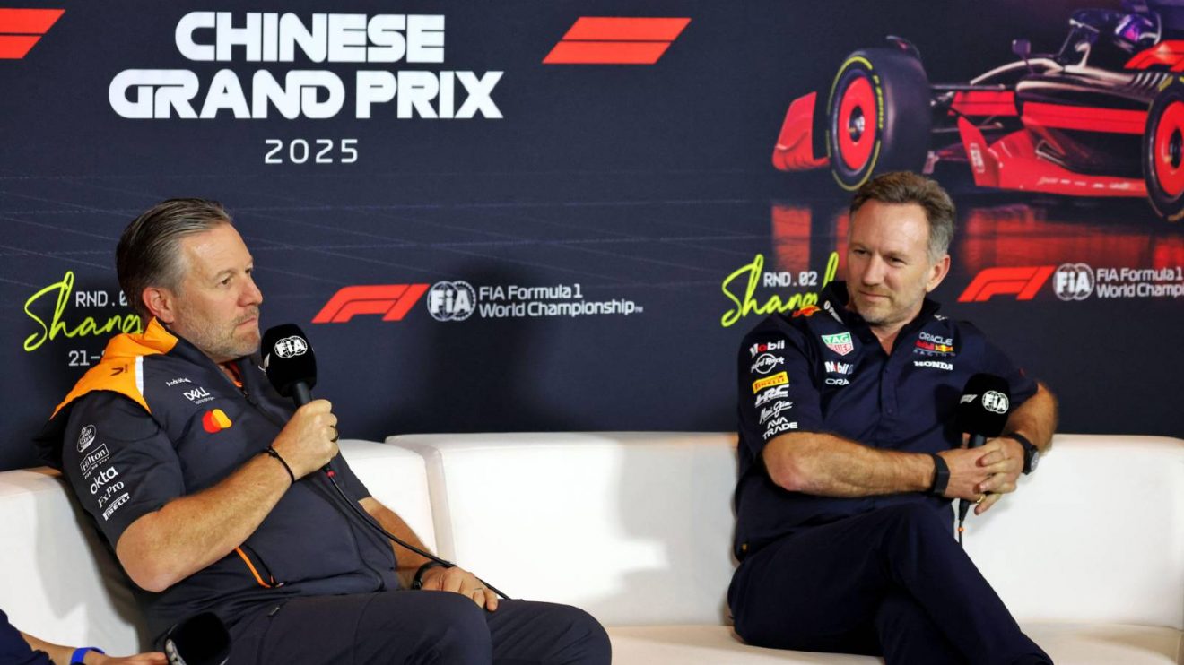 McLaren's Zak Brown and Red Bull's Christian Horner at the 2025 Chinese Grand Prix.