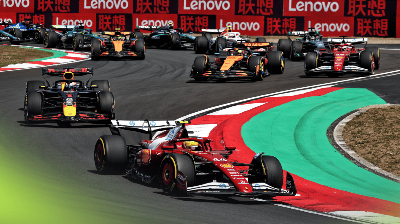 F1 cars navigate Turn 3 at the start of the Chinese GP sprint with Lewis Hamilton leading Max Verstappen