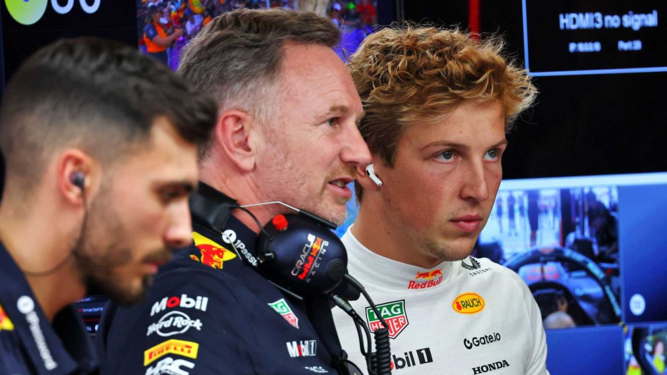 Christian Horner and Liam Lawson in the Red Bull garage.